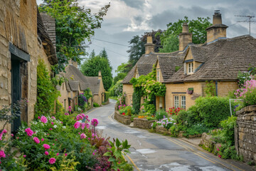 A quaint English countryside village with charming thatched cottages, cobblestone streets, and blooming flower gardens