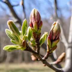 ohio buckeye buds opening in spring aesculus glabra,Ohio Buckeye Tree Bud with Green Parts Showing,generate ai
