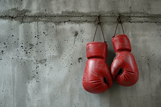 Pair of worn red boxing gloves suspended against a rough concrete wall with visible texture