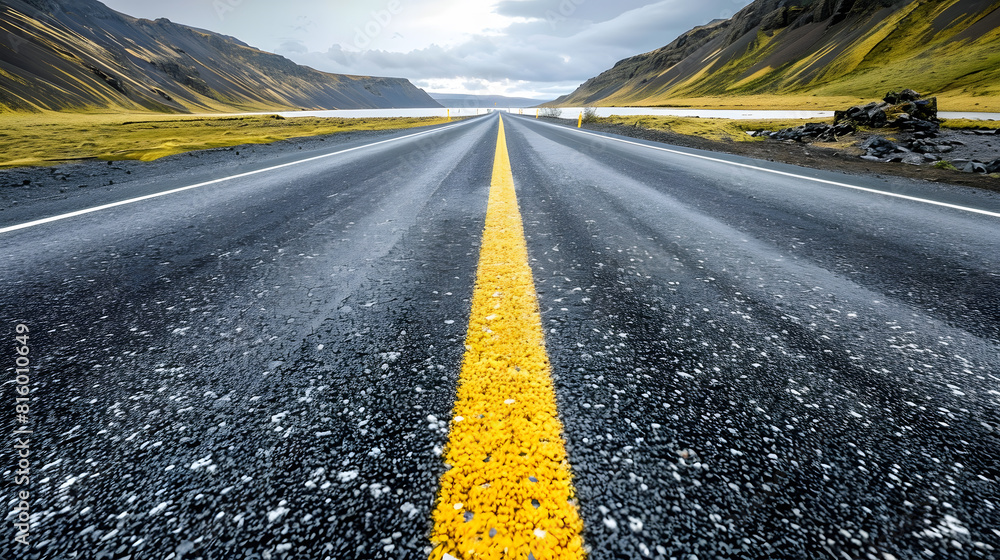 Poster diminishing perspective of asphalt empty roadway with road markings passing through scenic lake agai