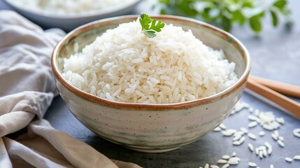 steamed rice in the ceramics bowl. Generative Ai