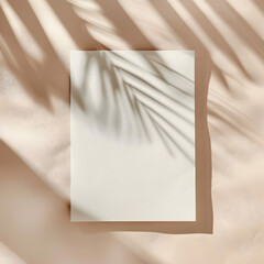 Aesthetic branding or invitation card template. Blank paper invitation card sheet with empty mock up copy space with soft delicate palm leaf shadow. 