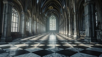 Fototapeta premium Abstract empty big hall dark gothic light room.