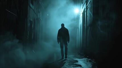 mysterious silhouette walking in dark foggy urban alley at night thriller concept