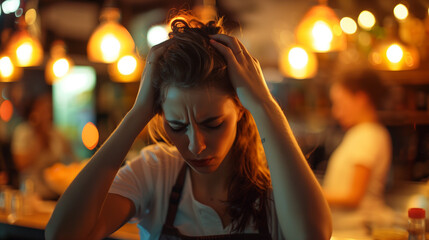 Fototapeta premium Waitress with Headache in Bar | Hands on Head with unbearable pain, Apron, People Drinking, Warm Lights, Blurred Background