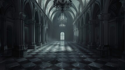 Fototapeta premium Abstract empty big hall dark gothic light room.
