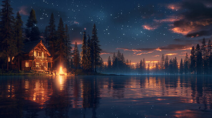 Fototapeta premium An artistic representation of a family reunion at a cozy cabin in the woods, with loved ones gathered around a bonfire, singing songs and roasting marshmallows under a canopy of st