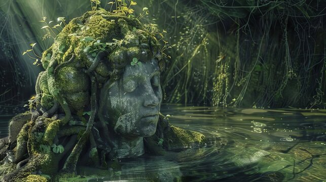 mystical water nymph statue covered in moss and roots digital painting