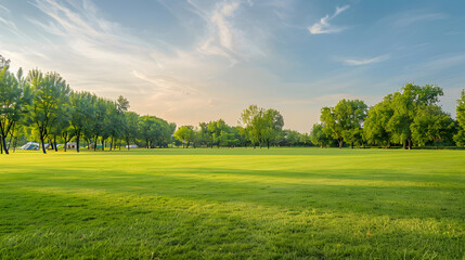 Background texture of clean and wellmaintained grass lawn with a variety of trees in the background against beautiful sky Vacant ground or empty unpowered campsite in a park Copy space : Generative AI