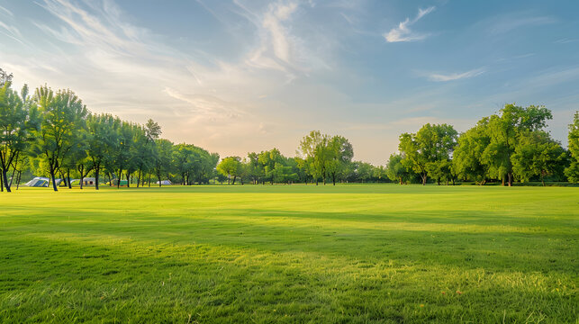 Background texture of clean and wellmaintained grass lawn with a variety of trees in the background against beautiful sky Vacant ground or empty unpowered campsite in a park Copy space : Generative AI