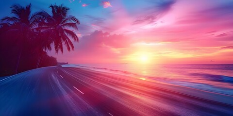 Scenic Coastal Road at Sunset with Palm Trees Perfect for Travel Ads. Concept Scenic Views, Coastal Sunset, Travel Ads, Palm Trees, Outdoor Photography