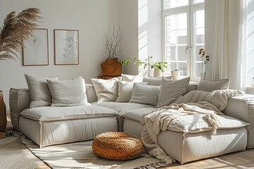 Modern bohemian living room decor in a small flat. Generative Ai