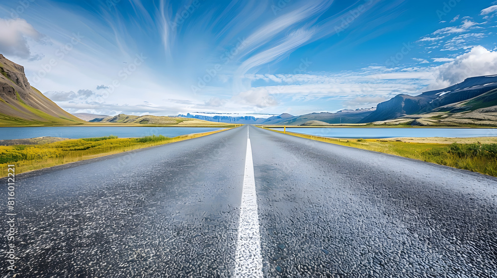 Poster diminishing perspective of asphalt empty roadway with road markings passing through scenic lake agai