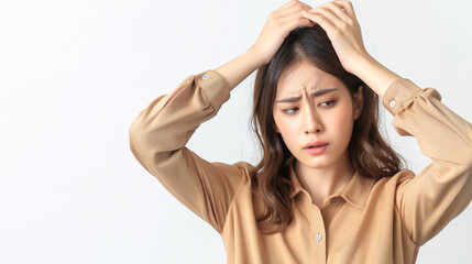 Fototapeta premium Asian woman grimacing in headache on white background.