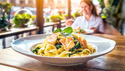 Tagliatelle mit Lachs und Spinat, im Hintergrund ein Restaurant