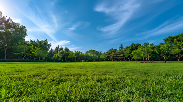 Background texture of clean and wellmaintained grass lawn with a variety of trees in the background against beautiful sky Vacant ground or empty unpowered campsite in a park Copy space : Generative AI
