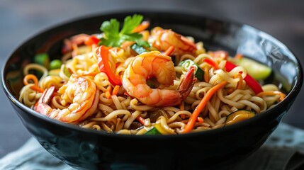 Stir fry noodles with vegetables and shrimps in black bowl. Generative Ai