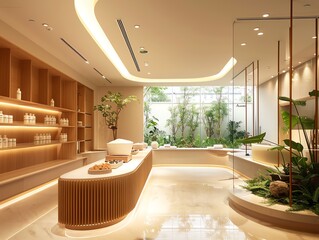 Thai medical clinic integrating traditional herbs in modern treatments, clean lines, and herbal displays in the waiting area