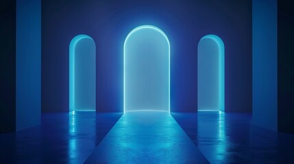 A futuristic scene featuring three glowing arches in a dark, reflective space. The arches emit a soft blue light, creating a serene and otherworldly atmosphere