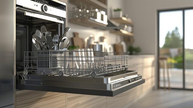 open empty dishwasher with racks and baskets kitchen appliance 3d rendering
