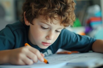 Close-up of a focused young boy drawing on paper in a brightly lit room
