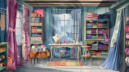 Naklejka premium organized chaos sewing room brimming with colorful fabrics mannequins and designers tools of the trade detailed interior illustration