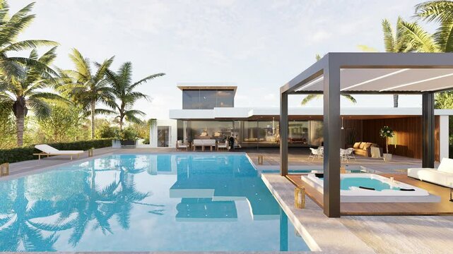 3D illustration of luxurious decor house with huge swimming pool and biocimlatic pergola. Front view horizontal pull shot of villa with palm trees and whirlpool.