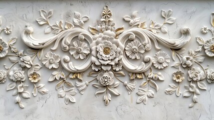 ornate plaster wall texture with embossed floral motifs and golden accents decorative background photo