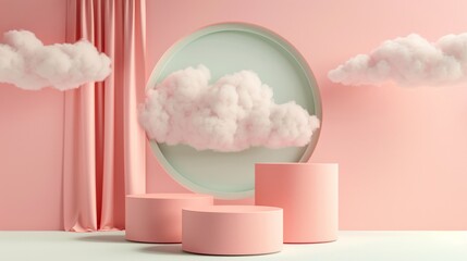 A minimalist interior scene featuring three round pink pedestals in front of a large circular window displaying fluffy clouds. Soft pink curtains drape beside the window, creating a serene atmosphere