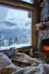 A peaceful mountain cabin retreat nestled amidst snow-covered peaks, with a cozy fireplace, warm blankets, and panoramic views of the wintry landscape, offering a secluded haven for relaxation