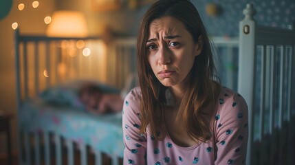 overwhelmed new mother crying by babys crib postpartum depression awareness conceptual photography