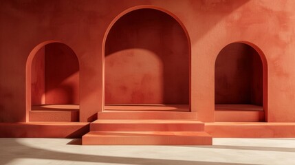 Fototapeta premium Minimalist architectural space with red arches and steps, illuminated by natural light