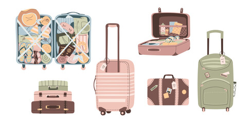 Set of travel suitcases in flat style. Open Bags for tourism. Vector illustration of luggage and travel items on a white background. Let's travel