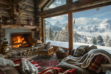 A peaceful mountain cabin retreat nestled amidst snow-covered peaks, with a cozy fireplace, warm blankets, and panoramic views of the wintry landscape, offering a secluded haven for relaxation