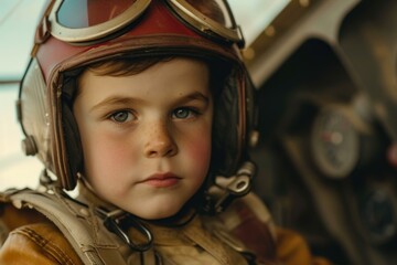 Close-up of a child with a whimsical expression, dressed in retro pilot helmet and jacket