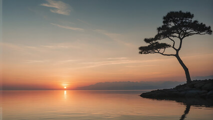Landscape scene with sunset at the ocean with land and tree
