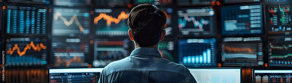 Poster focused financial analyst reviewing comprehensive market data dashboard on multiple screens for info