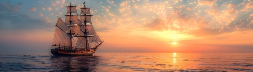 Fototapeta premium Old Fashioned Sailing Ship Navigating Sunset Seascape