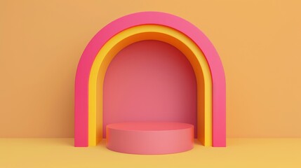 A minimalist 3D rendering of a colorful arch and podium. The arch has three layers in pink, yellow, and orange colors, and the podium is pink. The background is a solid orange color