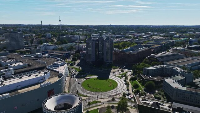 Aerial drone view of Weststadt Towers (Weststadtt&uuml;rme), a triplex modern skyscraper near the Colosseum Theater in Berliner Platz, Essen, Germany. 