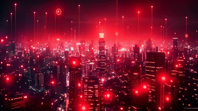 A red and black cityscape with glowing red nodes and lines representing a digital network.