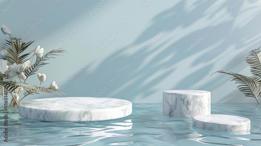 Poster podium water background with 3d marble stand summer product display 3d rendering
