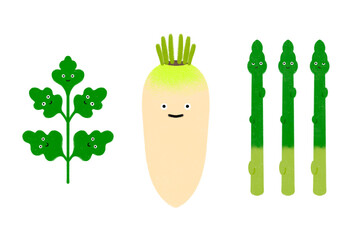 cute coriander daikon asparagus vegetable characters set with funny faces hand drawn food recipe vegan cookbook picture book children's book food culture trending illustrations isolated background
