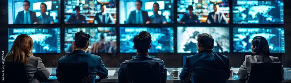 Poster group of professionals engaged in a digital networking event on multiple screens showcasing technolo