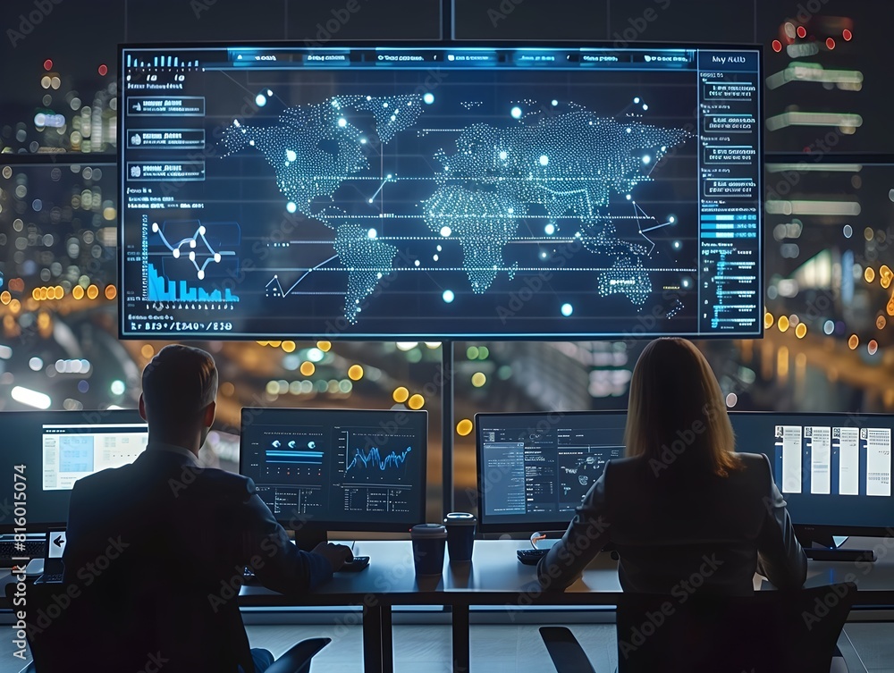 Poster corporate team analyzing live global data streams on a digital dashboard showcasing technology netwo