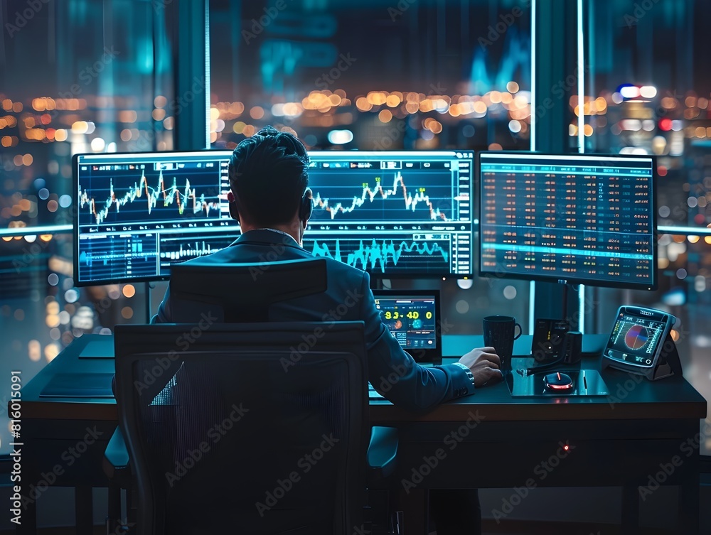 Poster financial analysts monitoring market data on multiple displays in a digital workspace