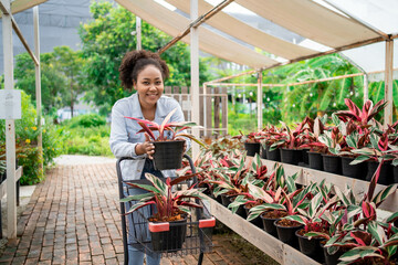 A woman is shopping for plants in a greenhouse. She is smiling and holding a shopping cart. The greenhouse is filled with various plants, including a large number of potted plants