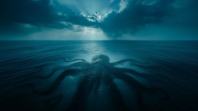 Gigantic sea monster creatures octopus Cthulhu in ocean cloudy day dark clouds foggy horizon