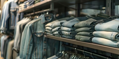 Display of jeans and denim jackets in a clothing store. Concept Window Display, Retail Merchandising, Denim Fashion, In-Store Promotion