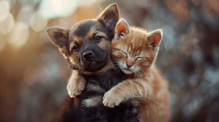 Generate an image of a pet hugging another pet